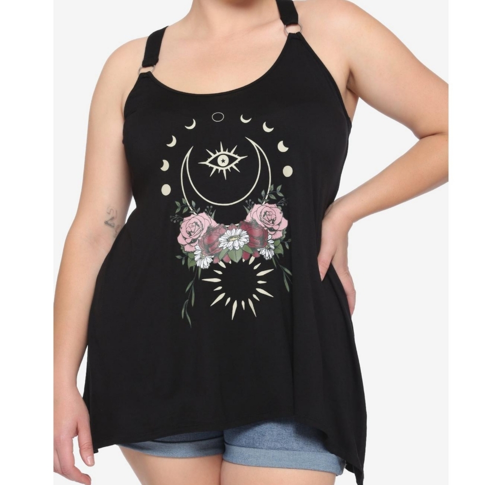 Never Worn Hot Topic Floral Moon O-Ring Strap Shark Bite Tank Top